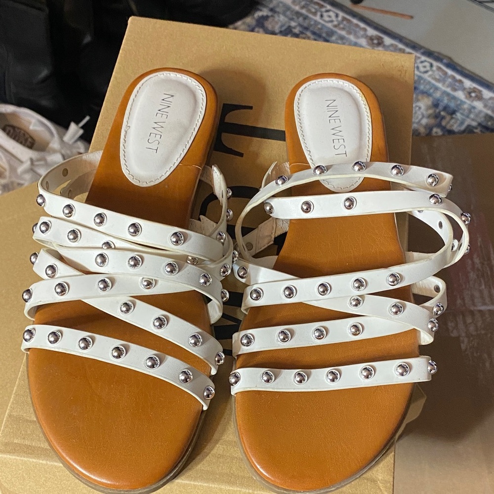 Nine West White Strappy Studded Sandals